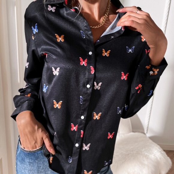 Boho White Butterfly Print Button up Top Work Classic - Picture 8 of 11